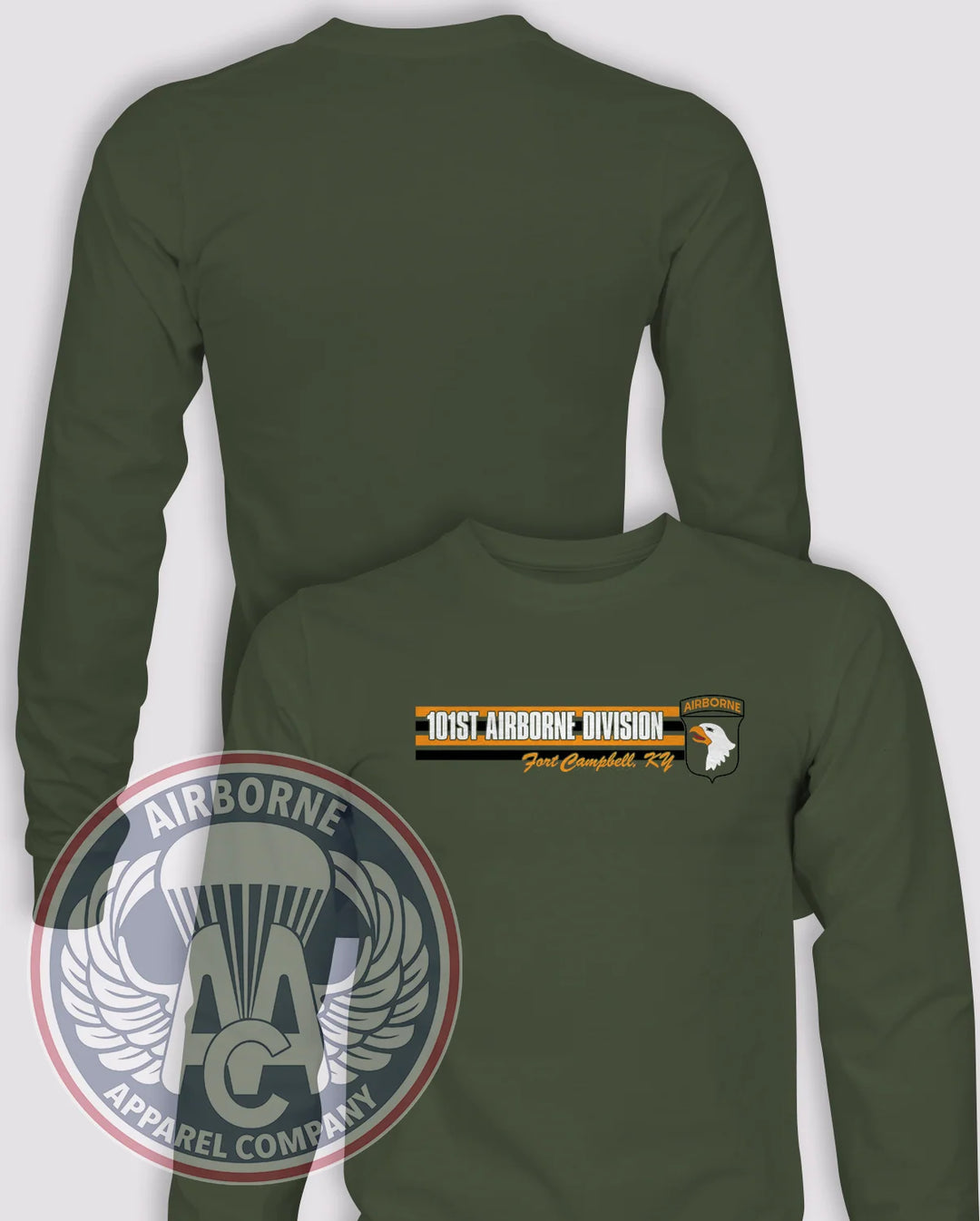 101st Airborne Retro Long-Sleeve T-Shirt, OD Green, front graphic and blank back; unprinted sleeves