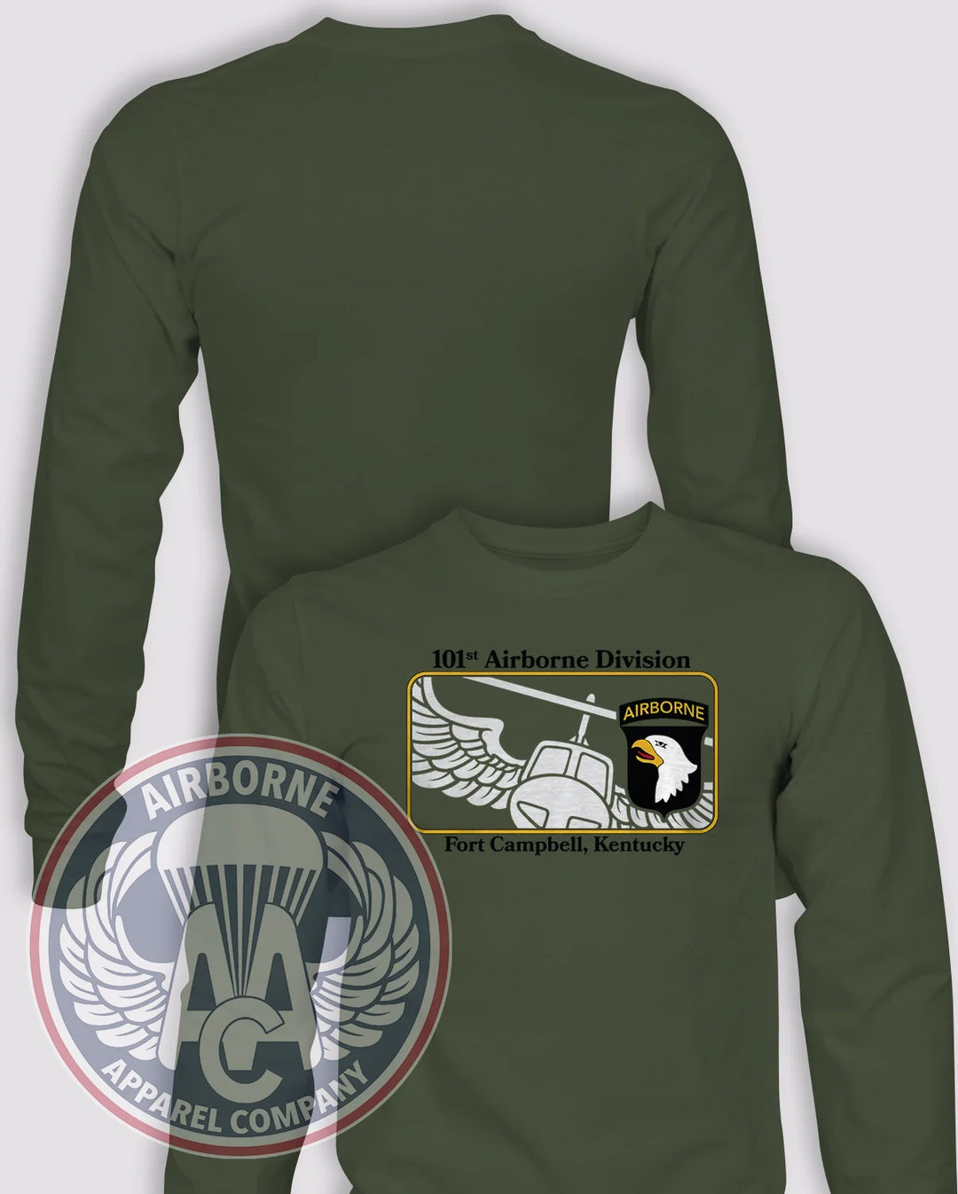 101st "Air Assault" Long-Sleeve T-Shirt, OD Green, front graphic and blank back; unprinted sleeves