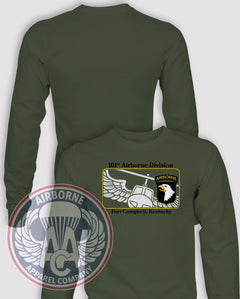 101st "Air Assault" Long-Sleeve T-Shirt, OD Green, front graphic and blank back; unprinted sleeves