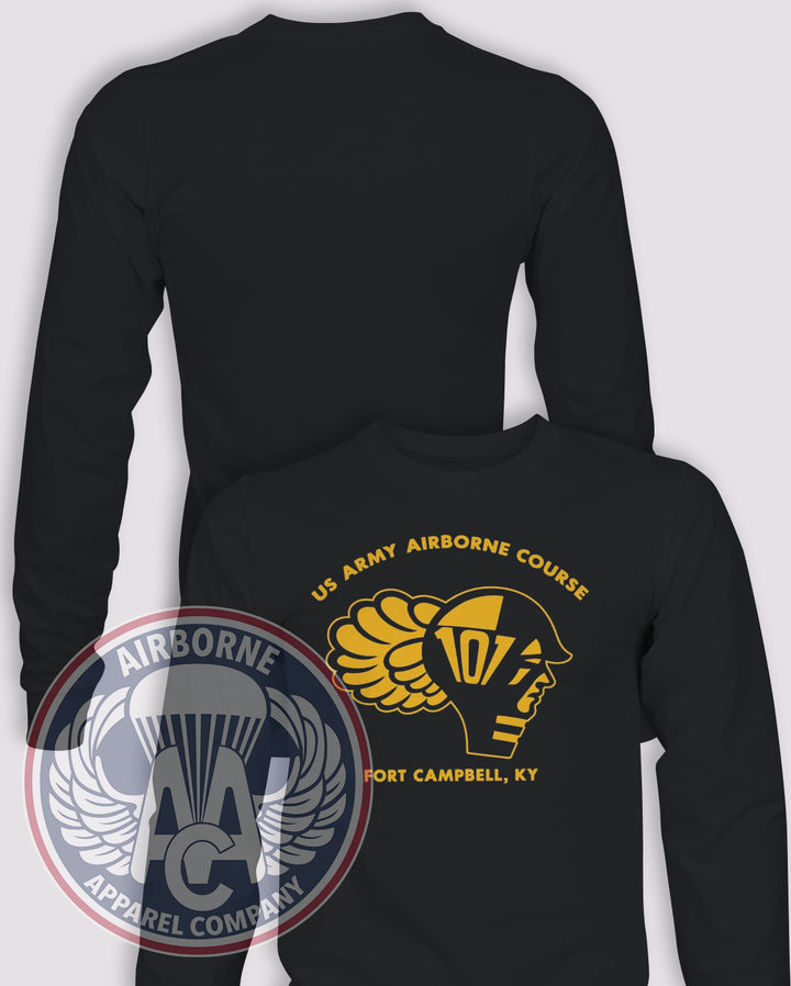Fort Campbell Airborne Course Long Sleeve T-shirt in Black, front design with blank back and sleeves.