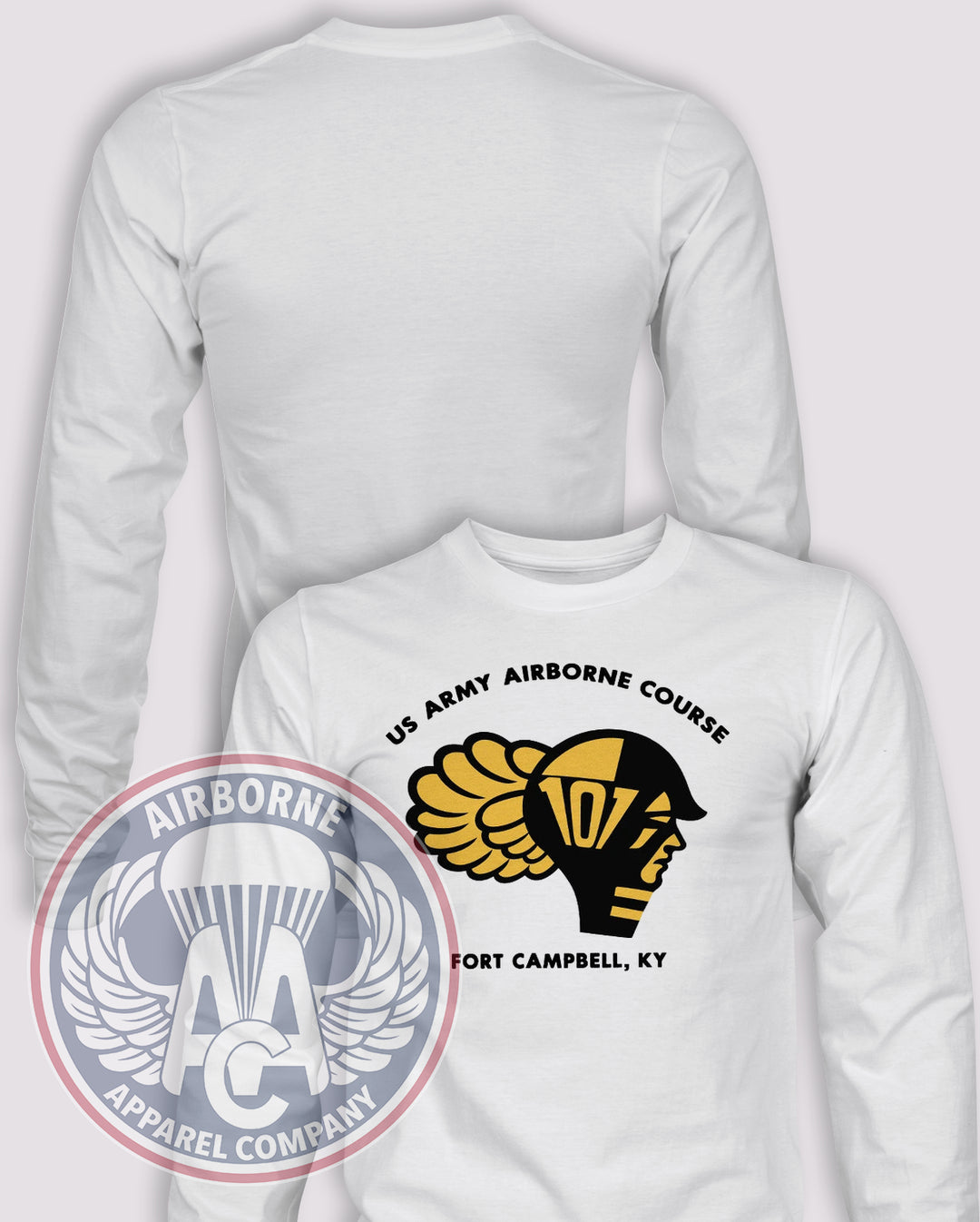Fort Campbell Airborne Course Long Sleeve T-shirt in White, front design with blank back and sleeves.