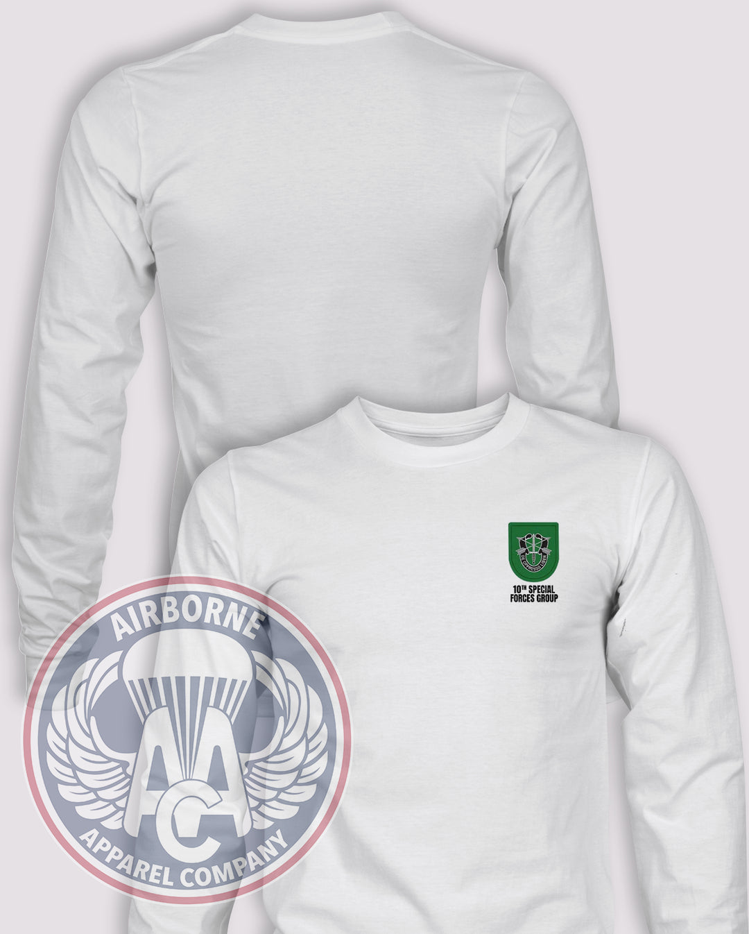 10th Special Forces Group Flash Long Sleeve T-shirt – White – 10SFG-001; front print, blank back and sleeves