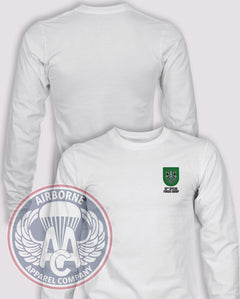 10th Special Forces Group Flash Long Sleeve T-shirt – White – 10SFG-001; front print, blank back and sleeves