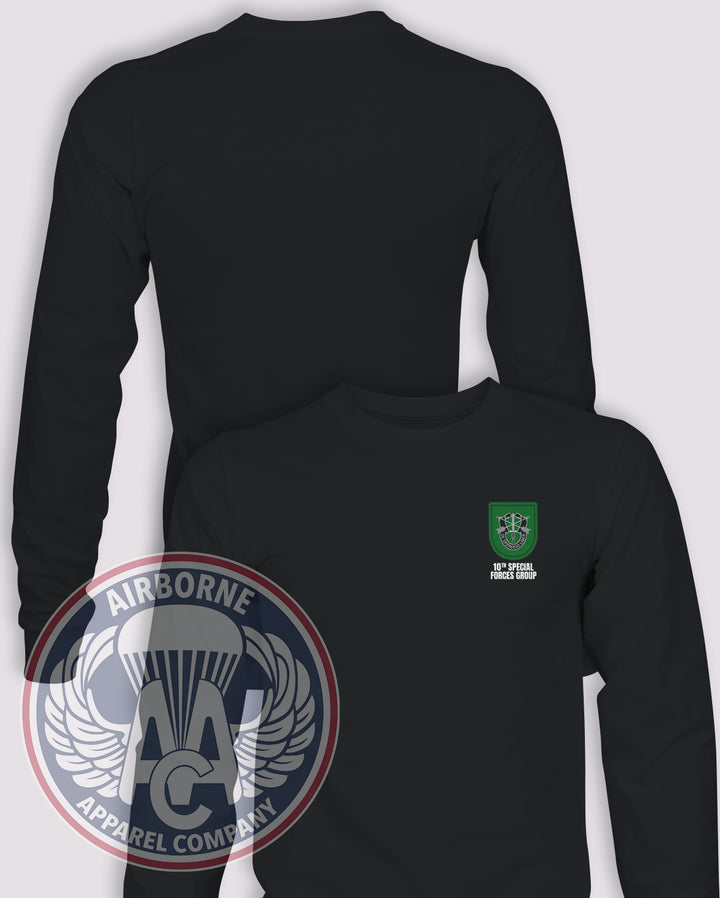 10th Special Forces Group Flash Long Sleeve T-shirt – Black – 10SFG-001B; front print, blank back and sleeves