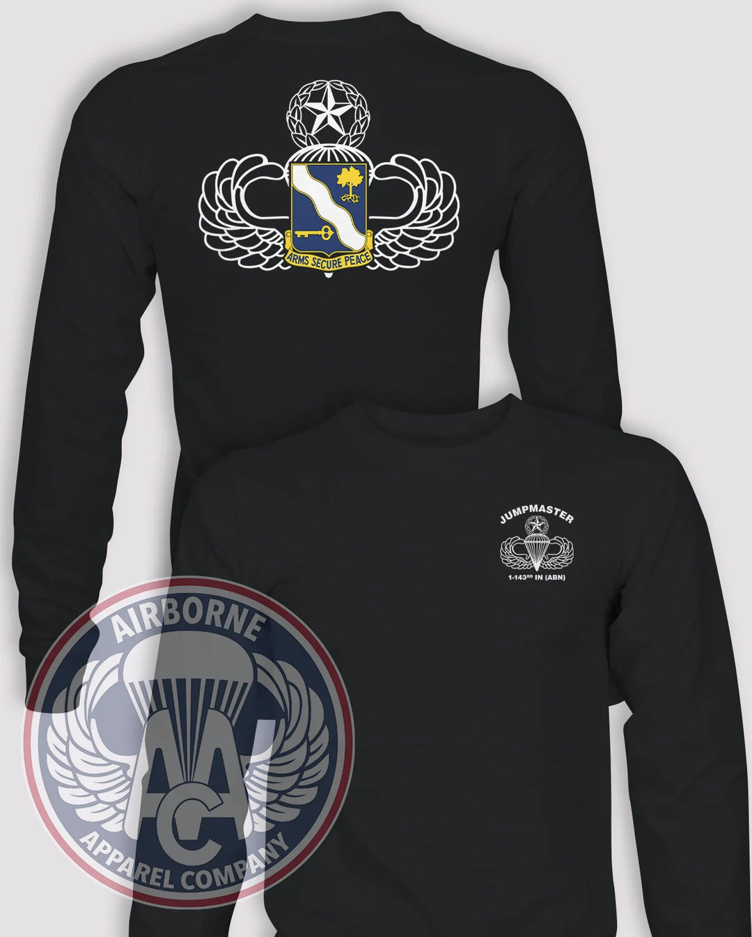1-143 Infantry Regiment Jumpmaster (ABN) Long-Sleeve T-Shirt (Official), Black, front and back views
