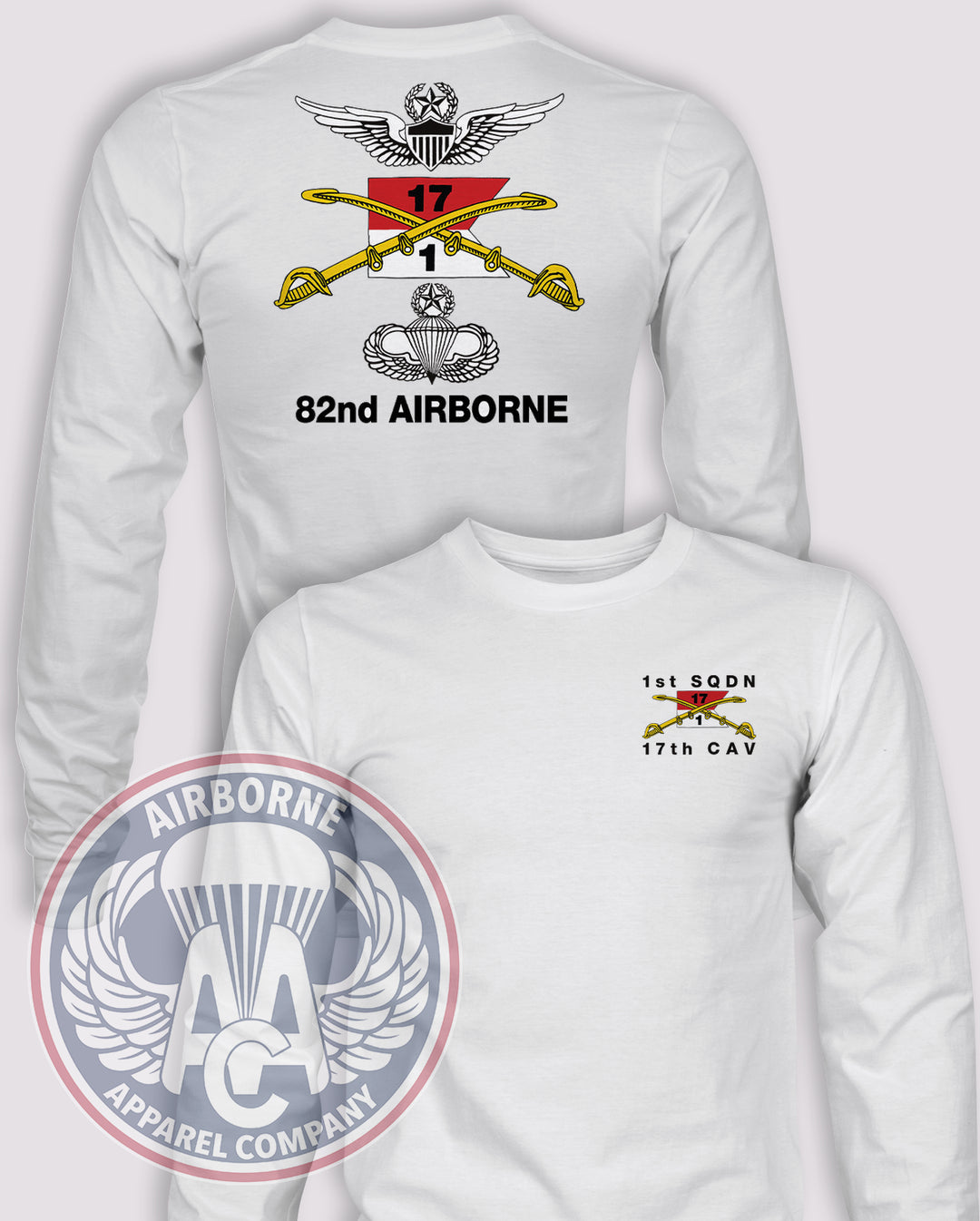 1-17 CAV (ABN) Late 1990s Shirt Reproduction Long-Sleeve T-Shirt, White, front and back views
