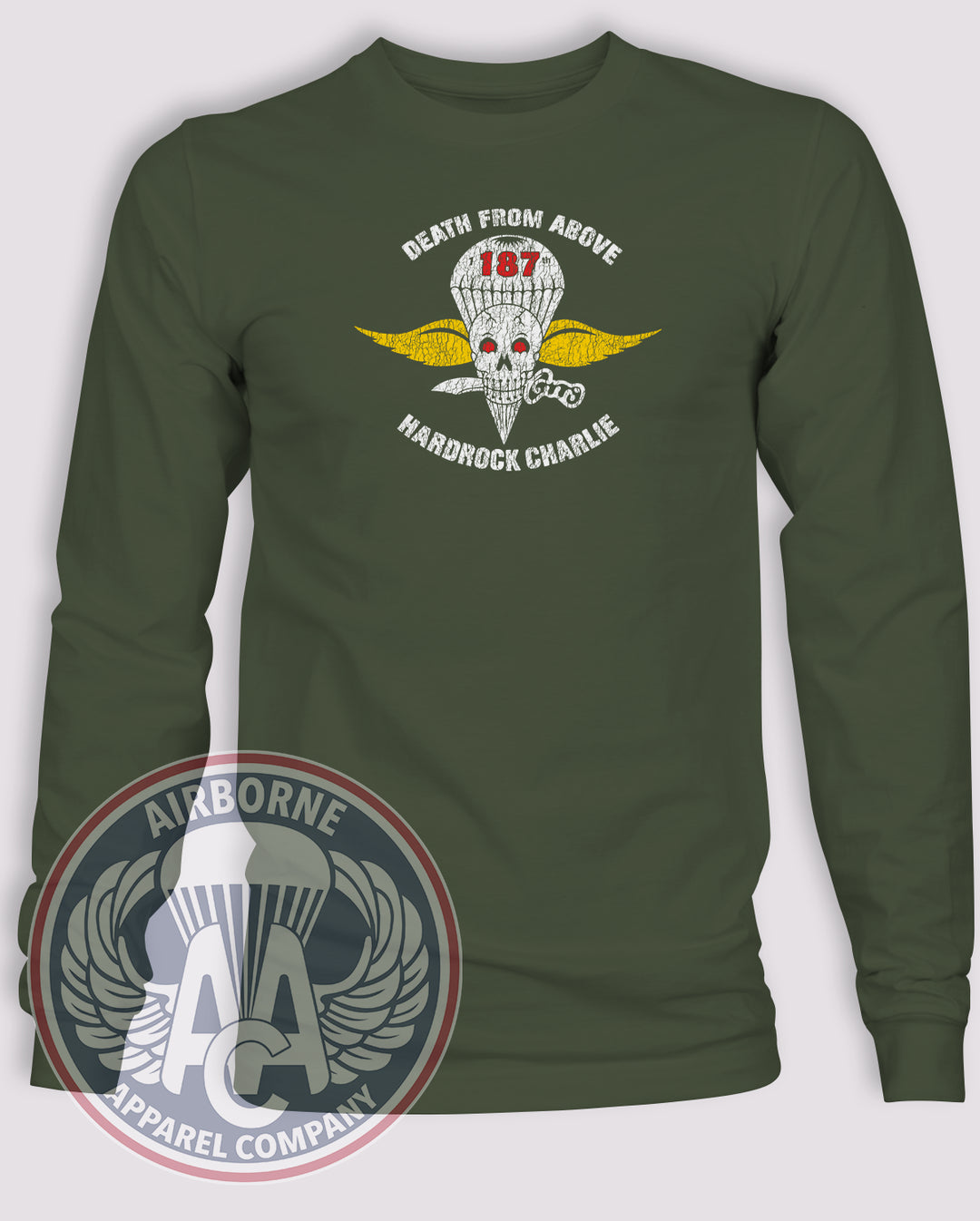 1-187th Hardrock Charlie Death From Above Long Sleeve T-Shirt, OD Green, front view