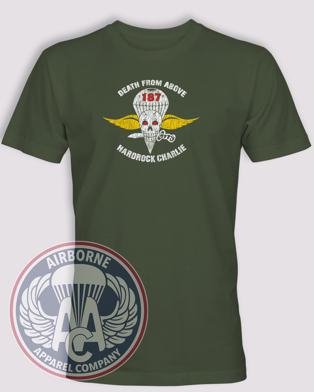 1-187th Hardrock Charlie Death From Above T-Shirt, OD Green, front view