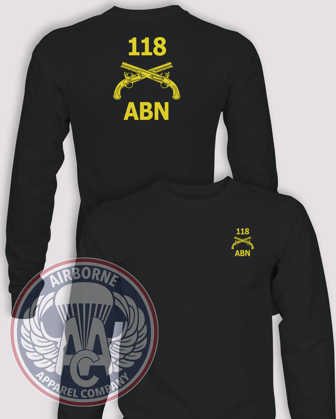 118th MP CO Guidon Long-Sleeve T-Shirt, Black, front and back views