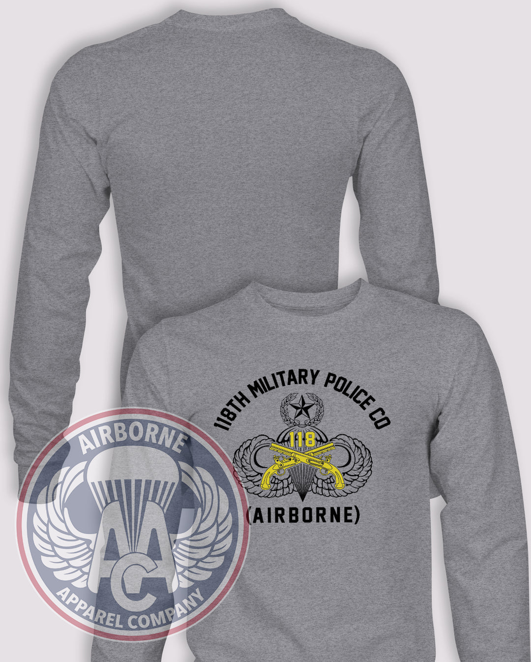 118th MP Company Replica Long Sleeve T-shirt – Heather Grey – 118MP-002; front print, blank back and sleeves