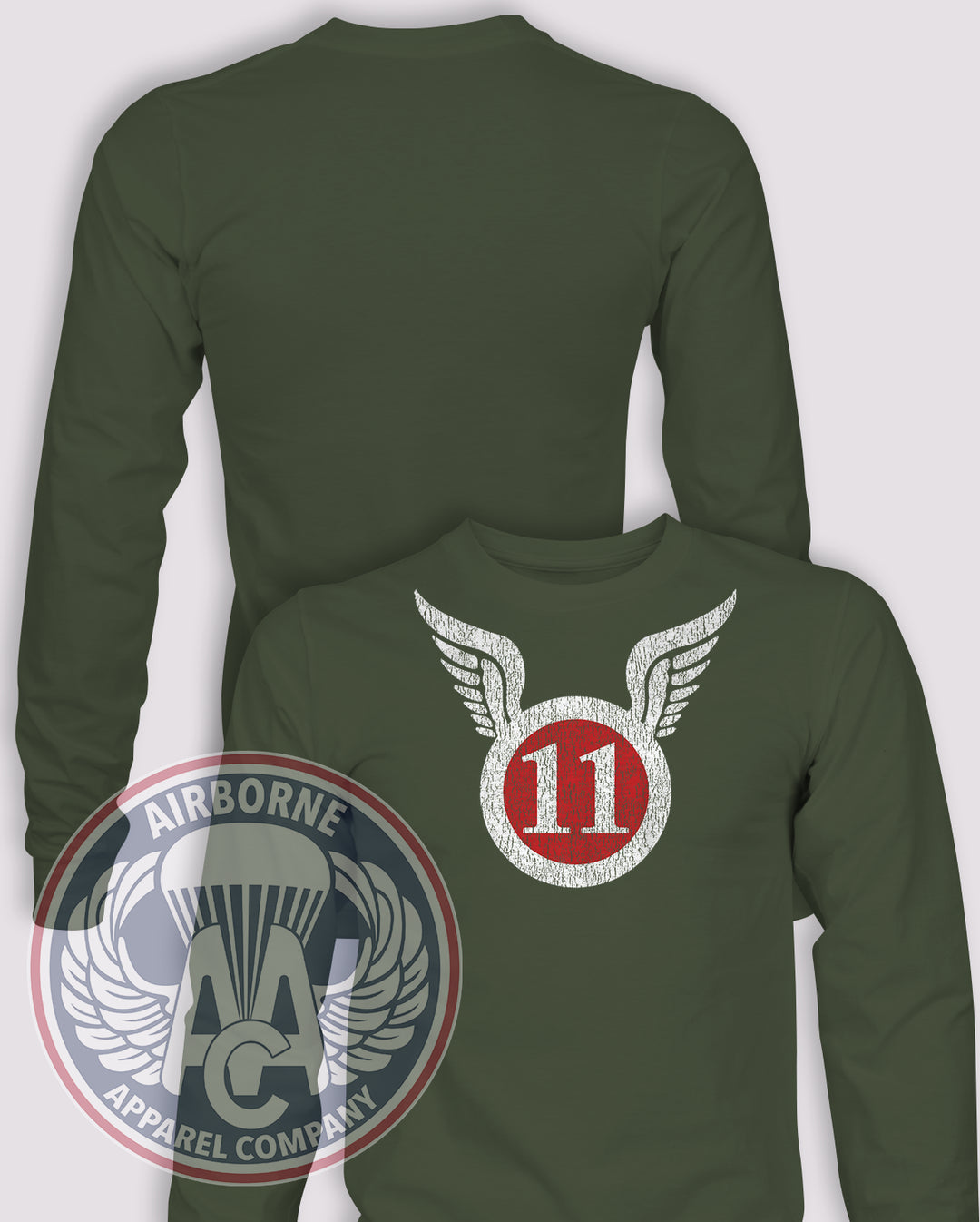 11th Airborne Vintage Style Long-Sleeve T-Shirt, OD Green, front graphic and blank back; unprinted sleeves