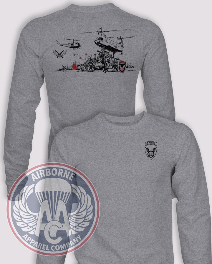 11th Air Assault Commemorative Long-Sleeve T-Shirt, Heather Grey, front and back views