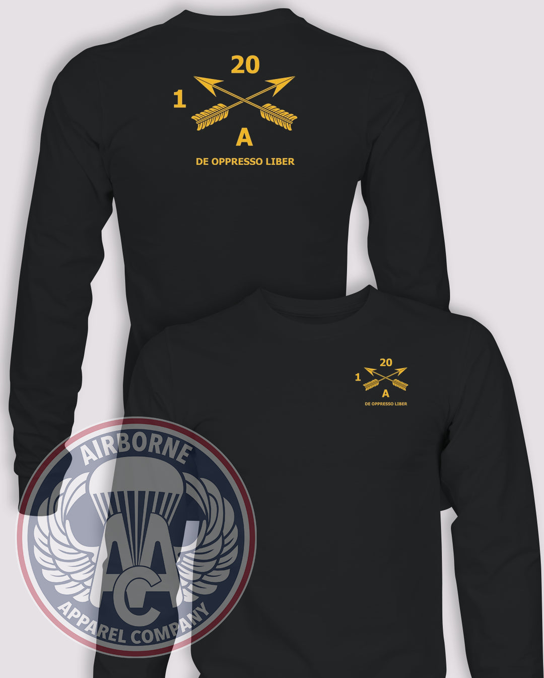1-20th Special Forces Group Guidon Long-Sleeve T-Shirt, Black, ALPHA, front and back views