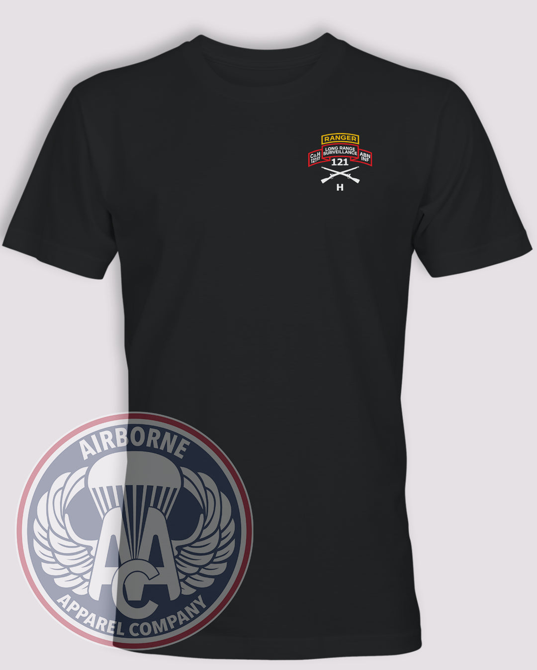 H Company 121st Infantry LRS, black T-shirt, front with left-chest design