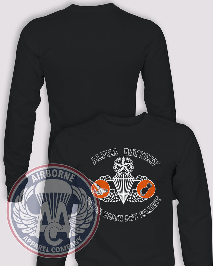 1-319th AFAR 80s Replica Long Sleeve T-shirt – Black – 1319FAR-A-003; front print, blank back and sleeves