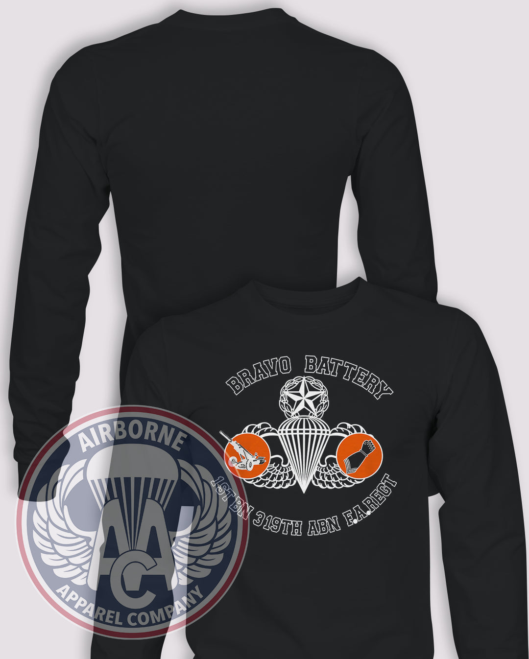 1-319th AFAR 80s Replica Long Sleeve T-shirt – Black – 1319FAR-B-003; front print, blank back and sleeves