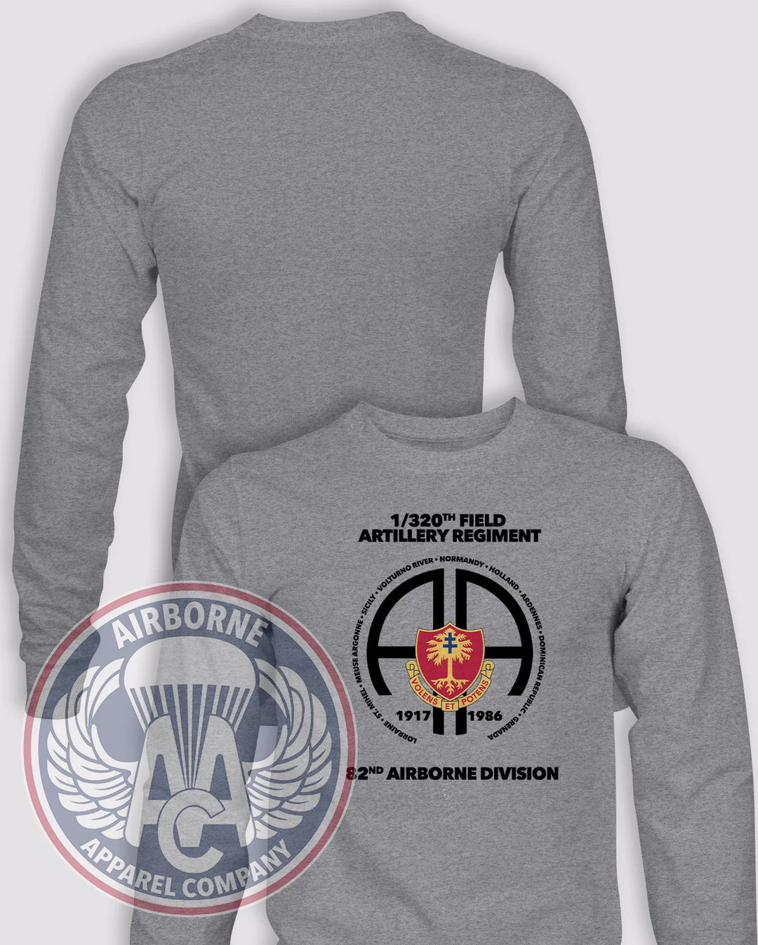 1-320th Field Artillery Regiment Campaign Long-Sleeve T-Shirt, Heather Grey, front graphic and blank back; unprinted sleeves
