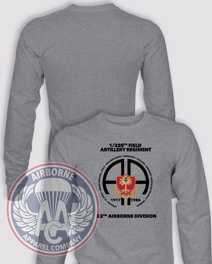1-320th Field Artillery Regiment Campaign Long-Sleeve T-Shirt, Heather Grey, front graphic and blank back; unprinted sleeves