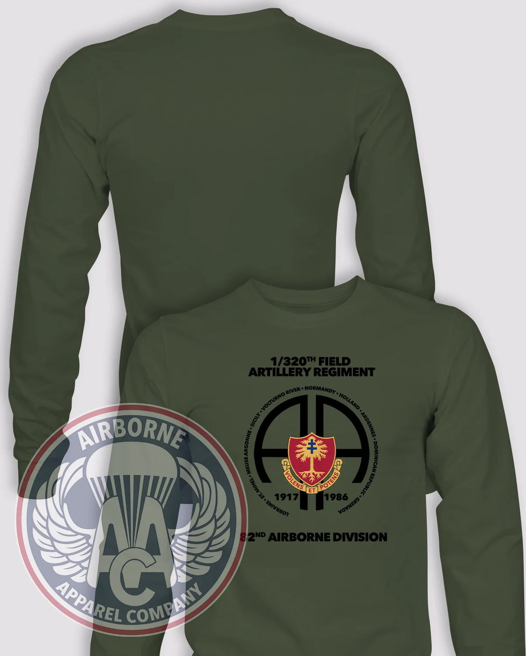1-320th Field Artillery Regiment Campaign Long-Sleeve T-Shirt, OD Green, front graphic and blank back; unprinted sleeves