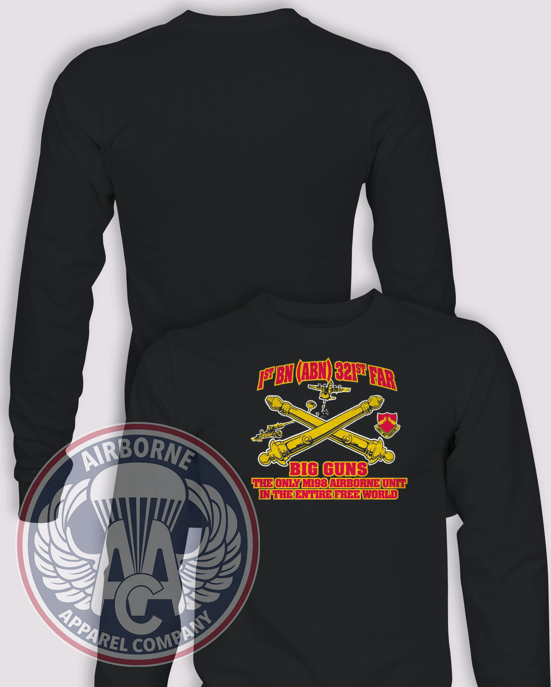 1-321st Field Artillery Regiment Big Guns Long-Sleeve T-Shirt, Black, front graphic and blank back; unprinted sleeves