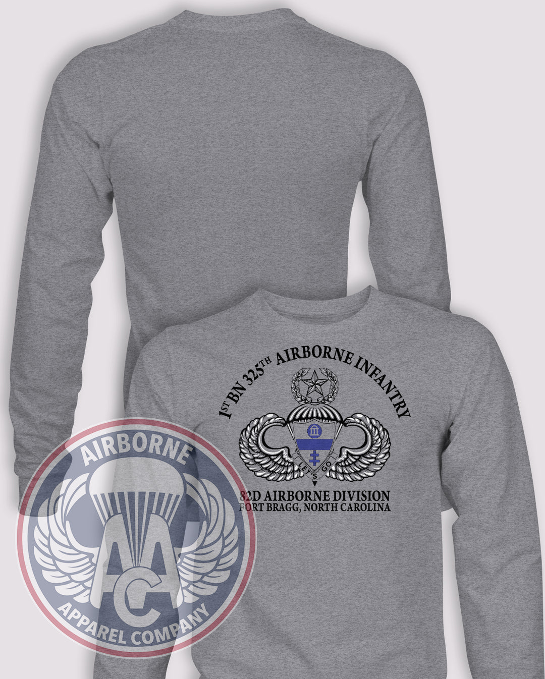 325th Airborne Infantry Regiment (A.I.R.) Division-Style Long Sleeve T-shirt – Heather Grey – 1325INF-001; front print, blank back and sleeves
