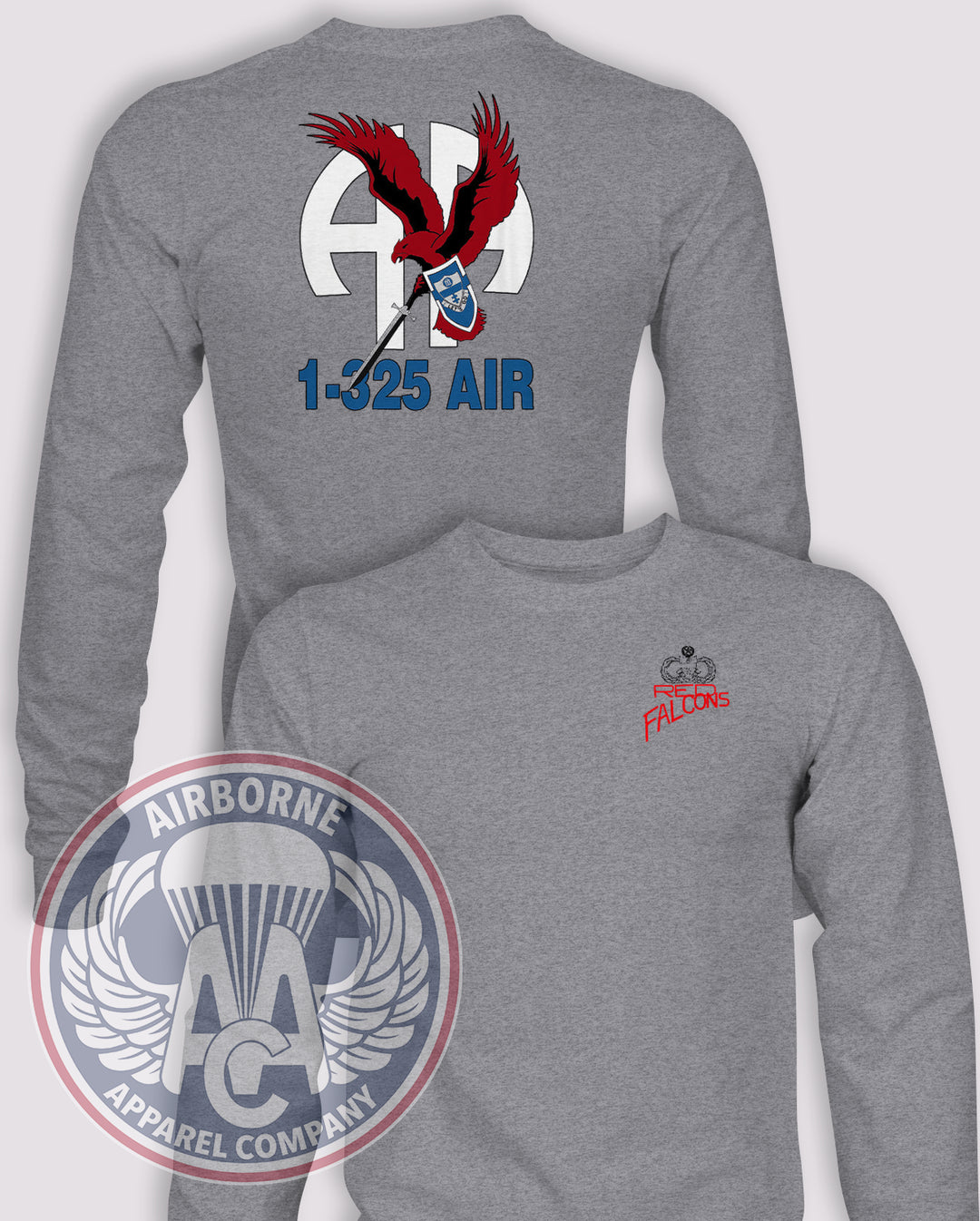 1-325 Red Falcons Reproduction Long-Sleeve T-Shirt, Heather Grey, front and back views