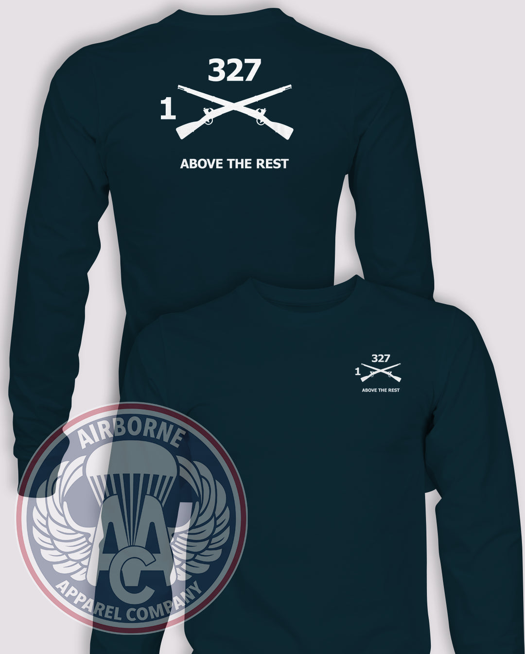 1-327th Infantry Regiment Guidon Long-Sleeve T-Shirt, Navy Blue, 1/327, front and back views