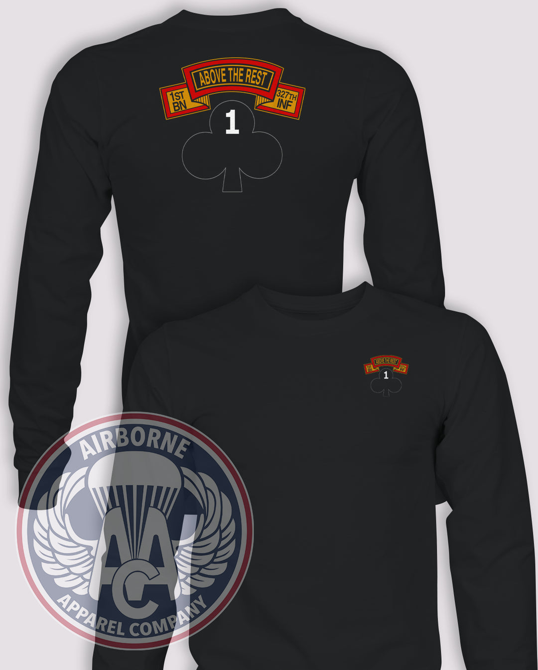1-327 Infantry "Above the Rest" Long-Sleeve T-Shirt, Black, front and back views