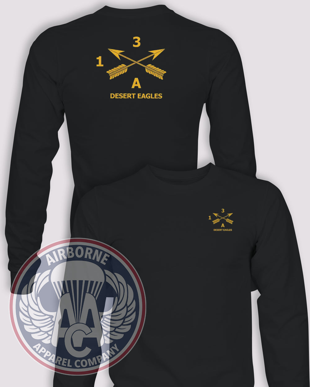 1-3rd Special Forces Group Guidon Long-Sleeve T-Shirt, Black, ALPHA, front and back views