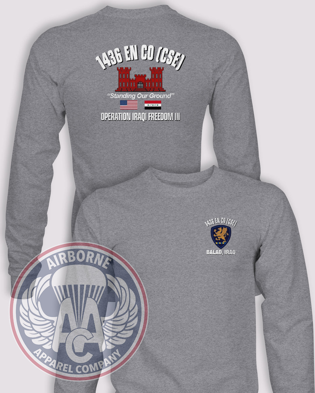 1436 Engineer Company (CSE) Long-Sleeve T-Shirt, Heather Grey, front and back views