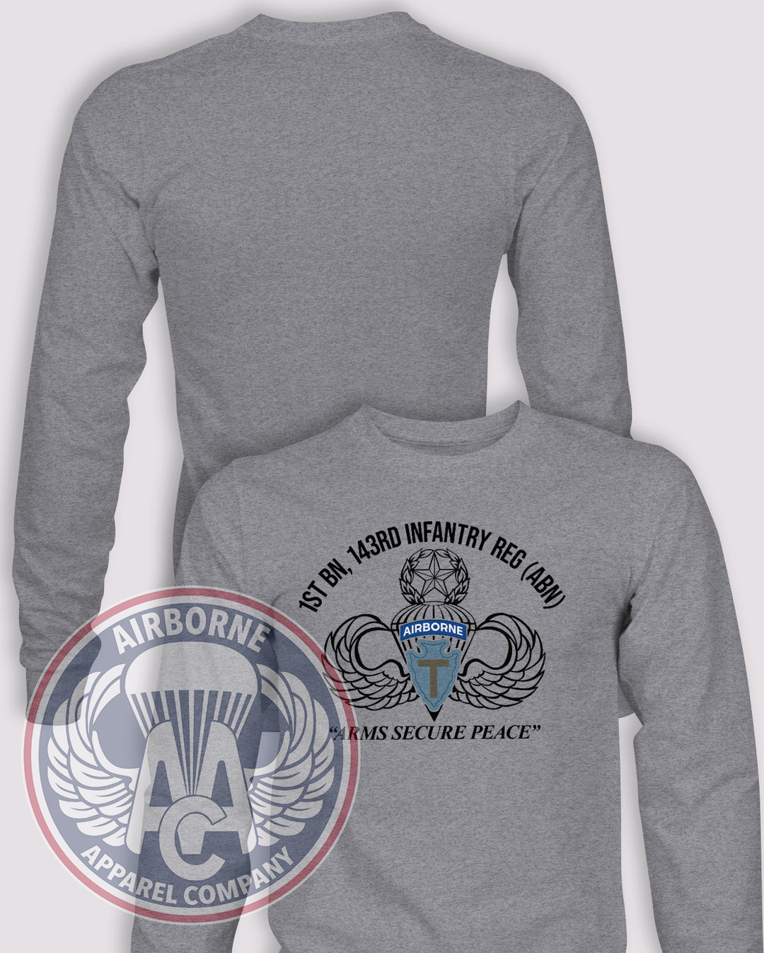 1-143 Infantry PT Style Long Sleeve T-shirt – Heather Grey – 143INF-001; front print, blank back and sleeves