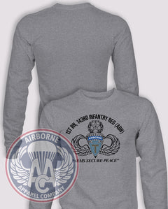 1-143 Infantry PT Style Long Sleeve T-shirt – Heather Grey – 143INF-001; front print, blank back and sleeves