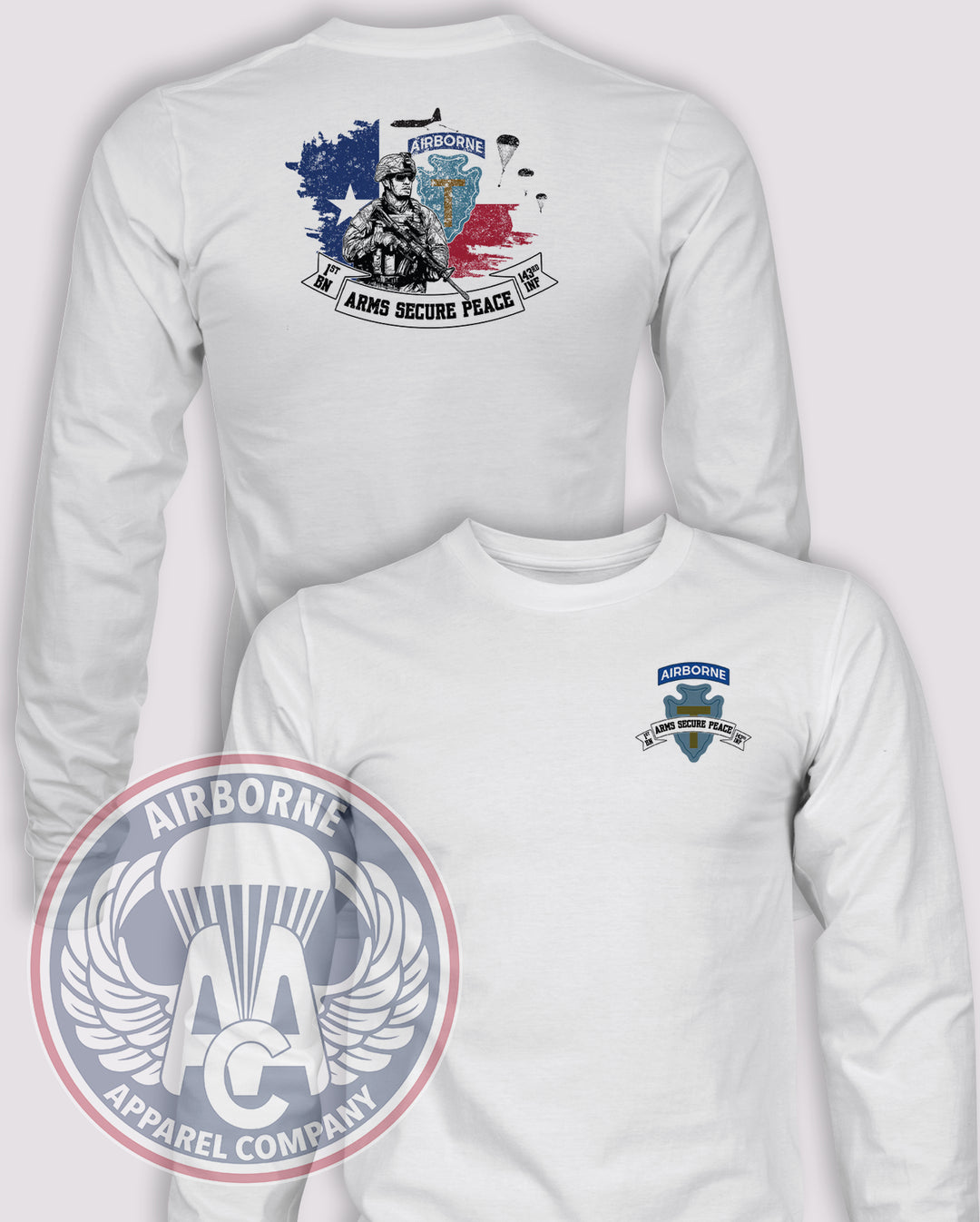 1-143 Infantry (Airborne) Long-Sleeve T-Shirt, White, front and back views