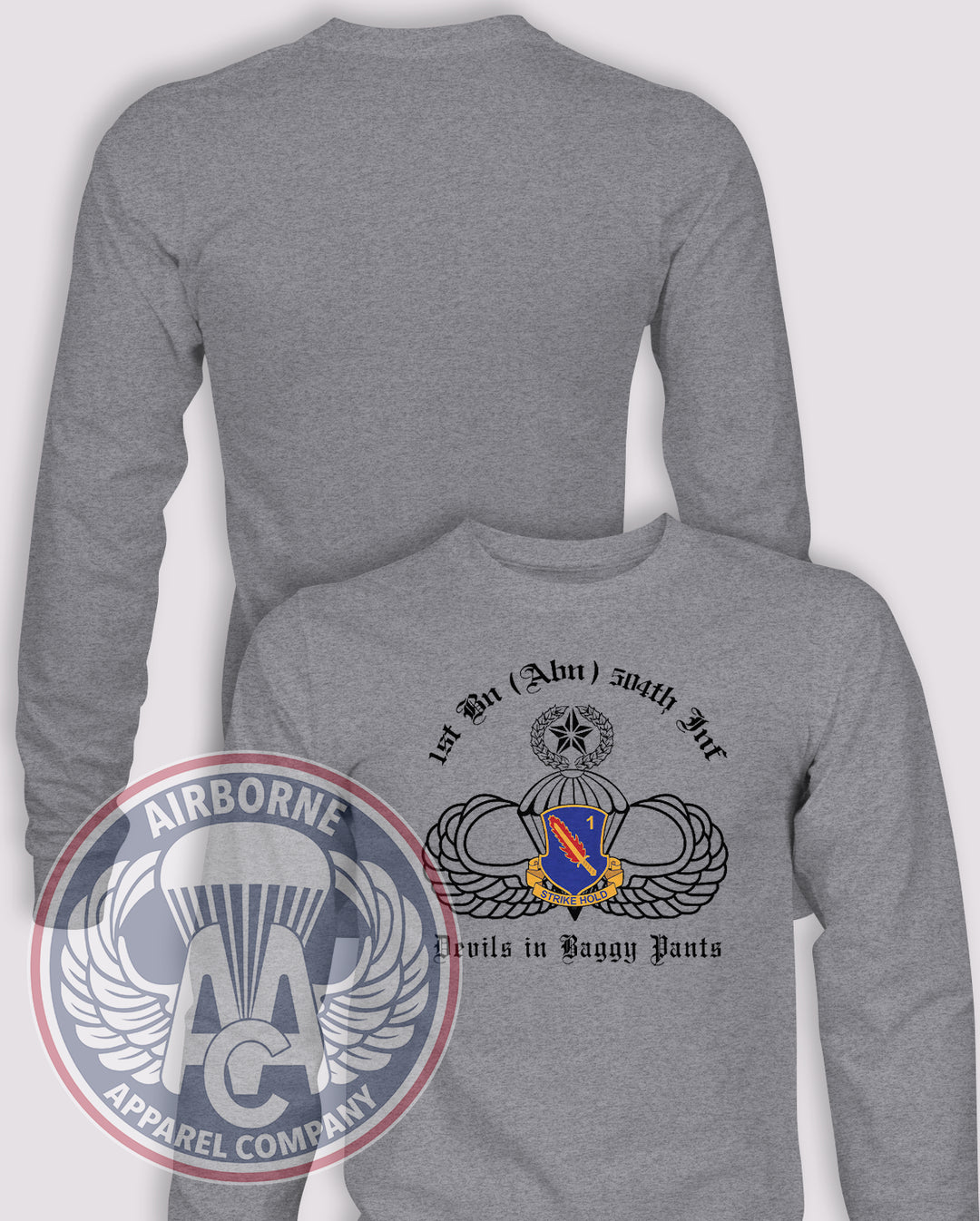 1-504th Infantry Devils in Baggy Pants Replica Long Sleeve T-shirt – Heather Grey – 1504INF-001; front print, blank back and sleeves