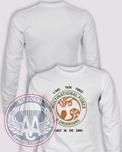 1-505th Task Force MFO First in the Sinai Long Sleeve T-shirt – White – 1505INF-005; front print, blank back and sleeves
