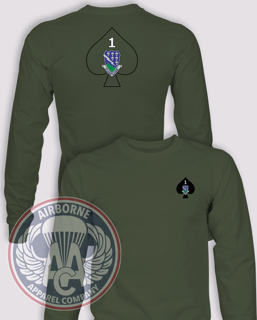 1-506th Infantry Regiment Long-Sleeve T-Shirt, OD Green, front and back views