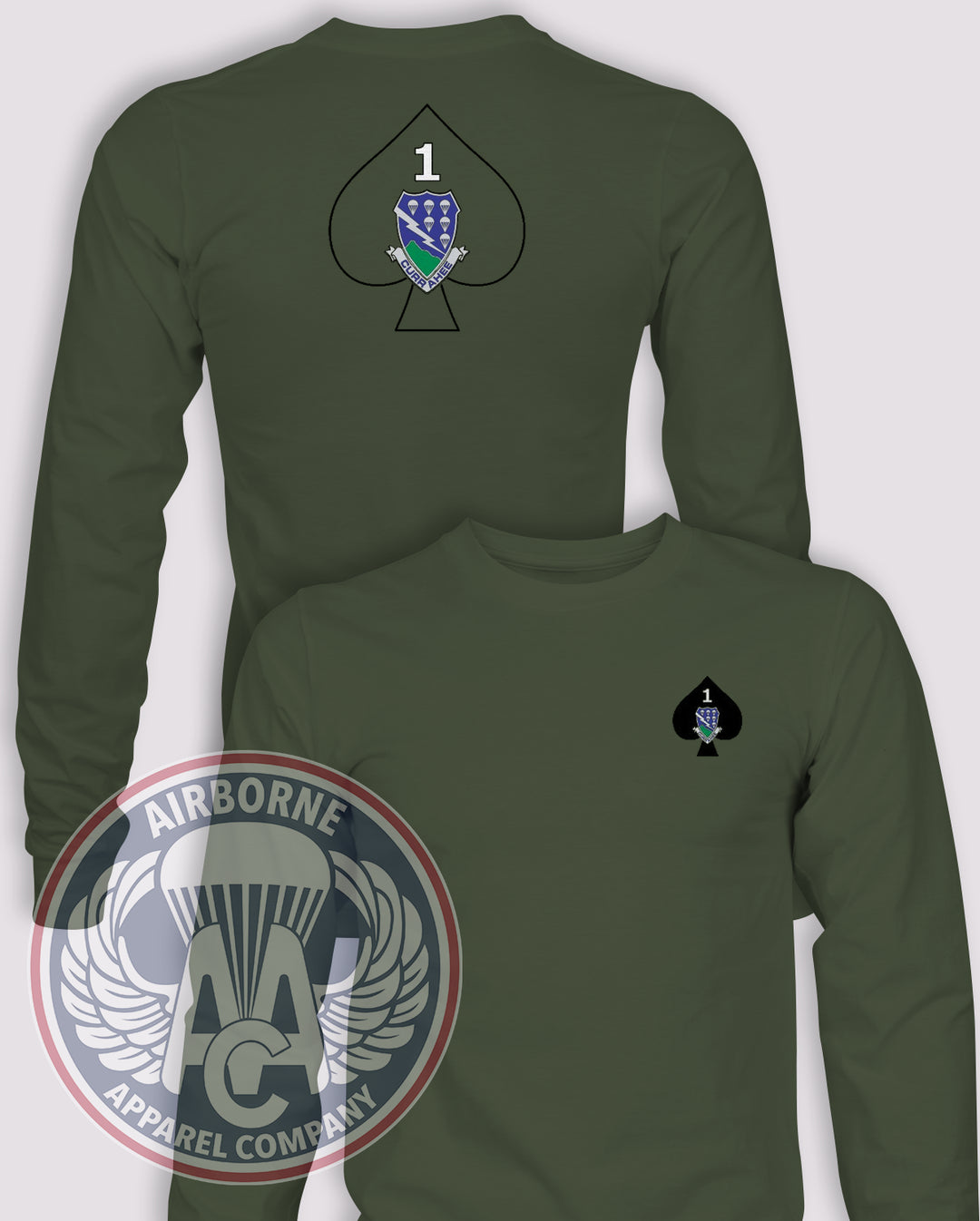 1-506th Infantry Regiment Long-Sleeve T-Shirt, OD Green, front and back views