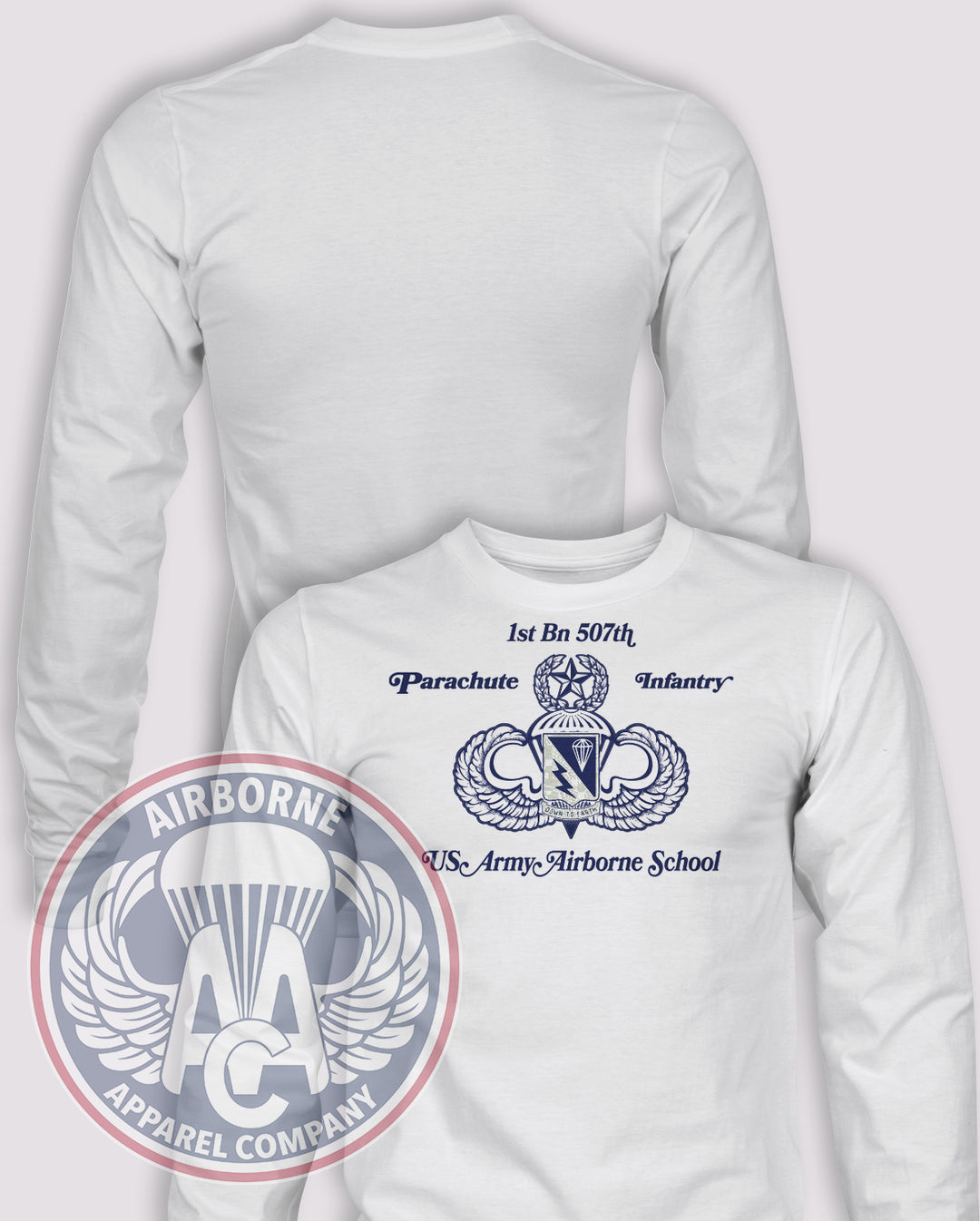 1-507th Parachute Infantry Regiment Vintage Style Jump School Long Sleeve T-shirt – White – 1507INF-002B; front print, blank back and sleeves