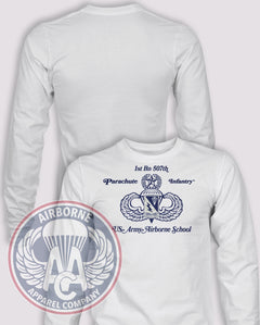 1-507th Parachute Infantry Regiment Vintage Style Jump School Long Sleeve T-shirt – White – 1507INF-002B; front print, blank back and sleeves