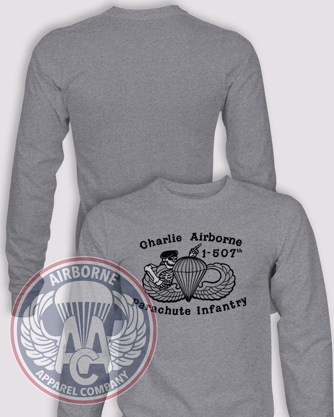 Charlie Airborne, 1-507th Parachute Infantry Long Sleeve T-shirt – Heather Grey – 1507INF-003; front print, blank back and sleeves