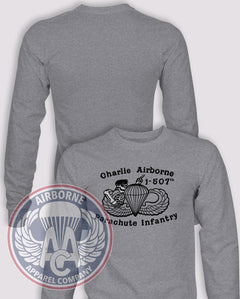Charlie Airborne, 1-507th Parachute Infantry Long Sleeve T-shirt – Heather Grey – 1507INF-003; front print, blank back and sleeves