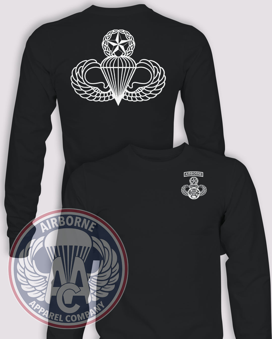 Modern U.S. Army Airborne School Cadre Long-Sleeve T-Shirt, Black, front and back views
