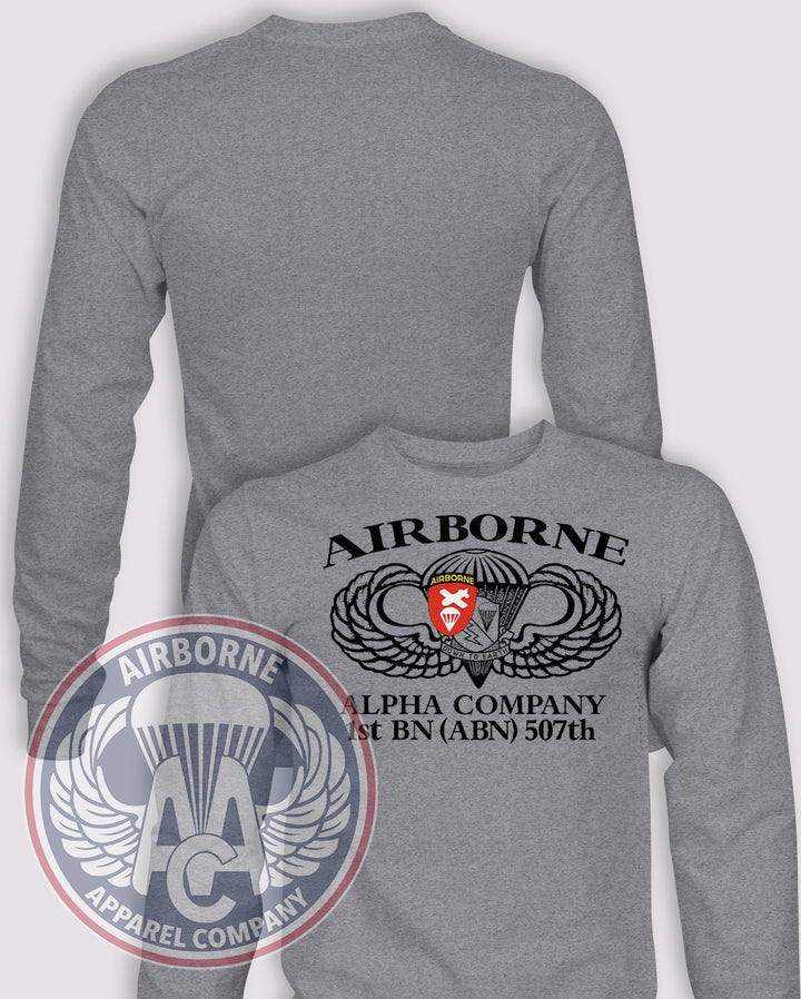 1-507th 1990s A-E Company Jump School Long Sleeve T-shirt – Heather Grey – 1507INF-A-001; front print, blank back and sleeves