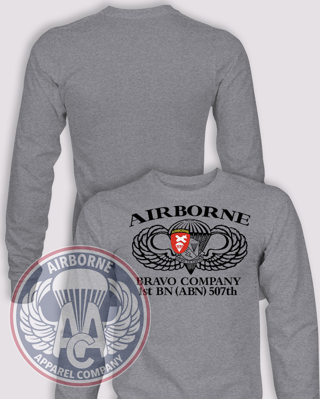 1-507th 1990s A-E Company Jump School Long Sleeve T-shirt – Heather Grey – 1507INF-B-001; front print, blank back and sleeves