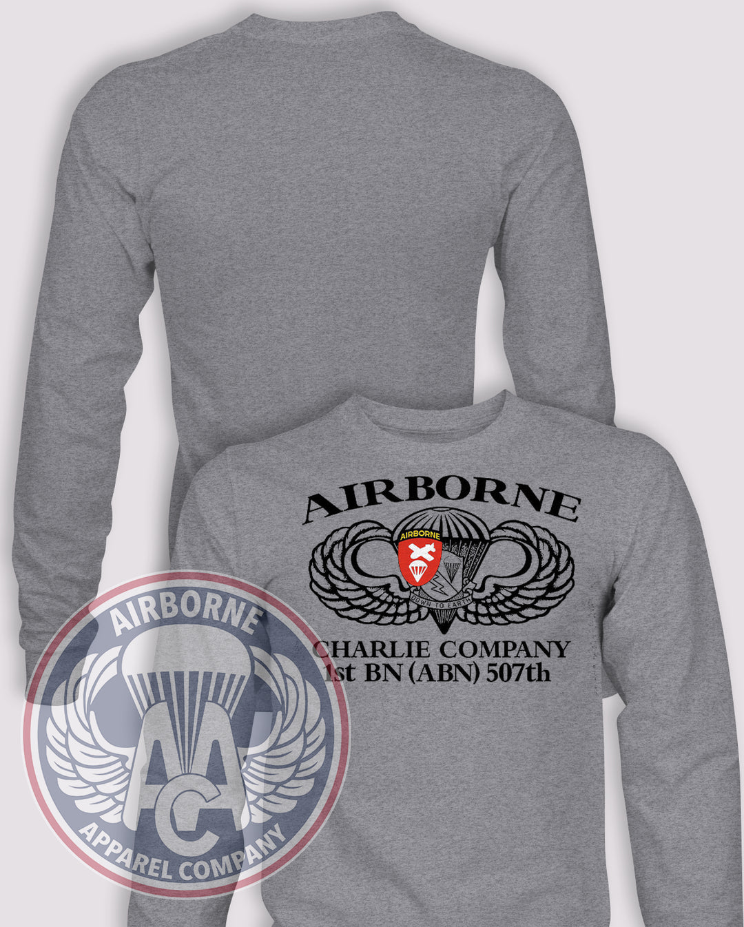 1-507th 1990s A-E Company Jump School Long Sleeve T-shirt – Heather Grey – 1507INF-C-001; front print, blank back and sleeves