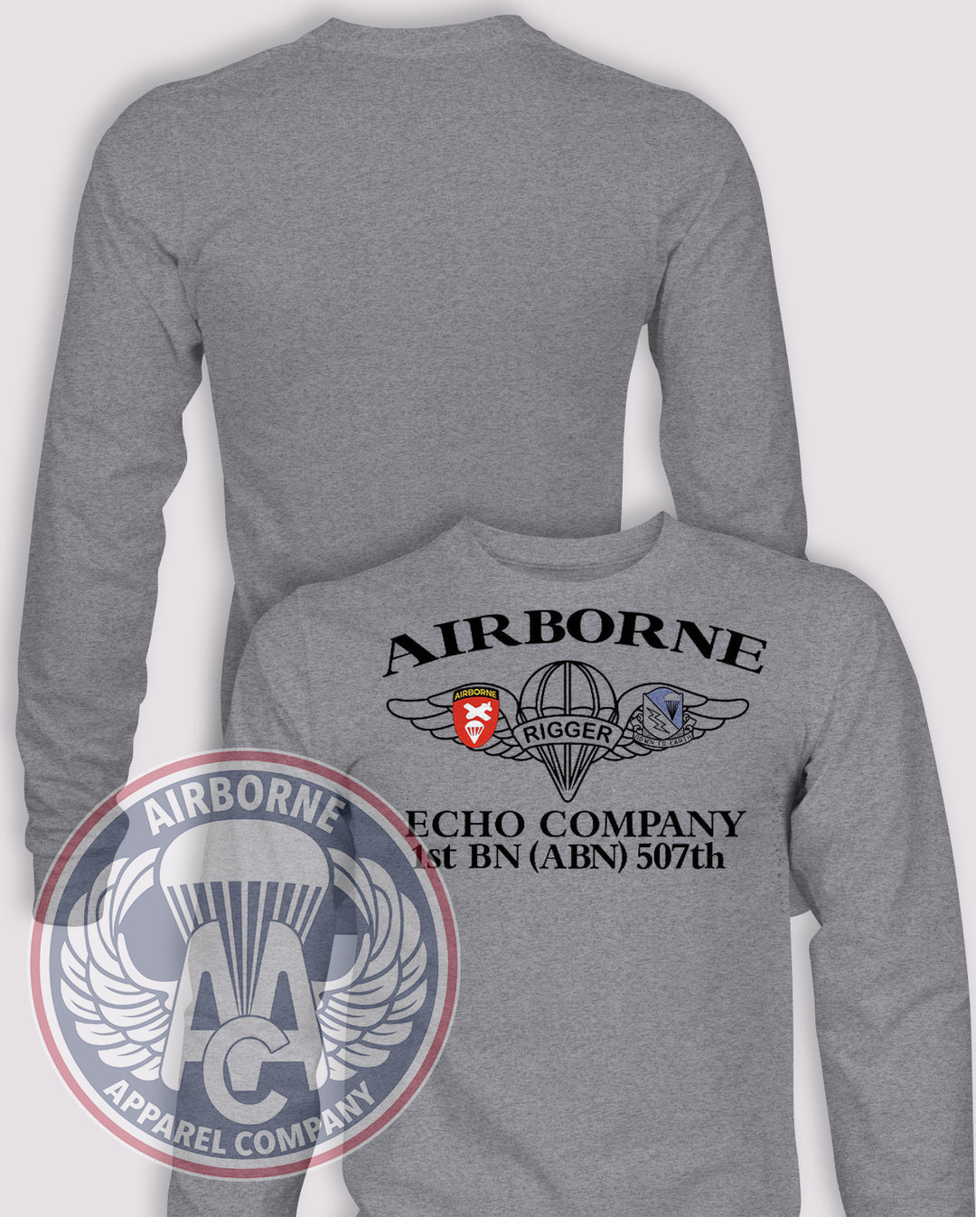 1-507th 1990s A-E Company Jump School Long Sleeve T-shirt – Heather Grey – 1507INF-E-001; front print, blank back and sleeves