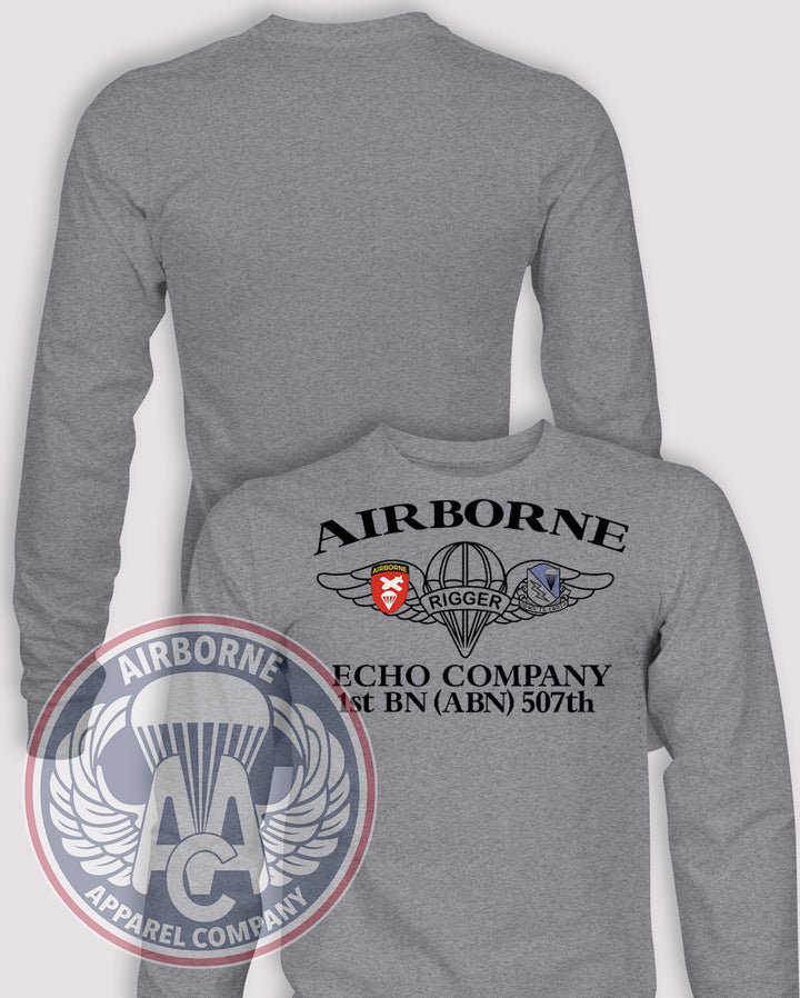 1-507th 1990s A-E Company Jump School Long Sleeve T-shirt – Heather Grey – 1507INF-E-001; front print, blank back and sleeves