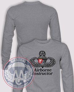 1-507th Parachute Infantry Regiment 1990s Instructor Long Sleeve T-shirt – Heather Grey – 1507INF-INST-001; front print, blank back and sleeves