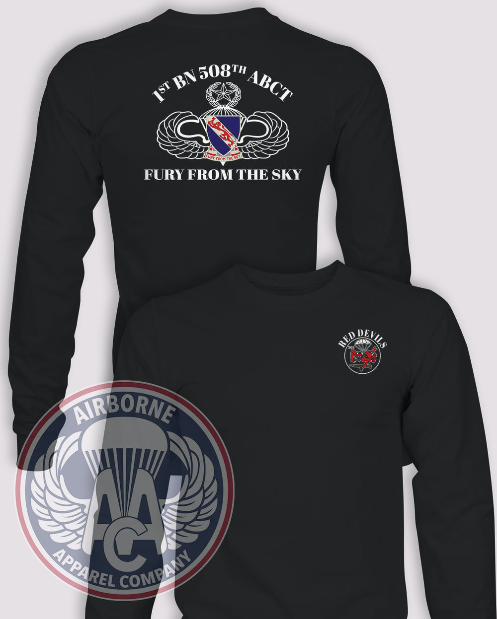 1-508th Red Devils Reproduction Long-Sleeve T-Shirt, Black, front and back views