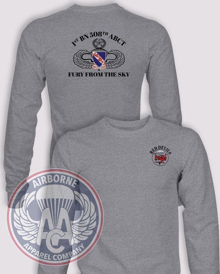 1-508th Red Devils Reproduction Long-Sleeve T-Shirt, Heather Grey, front and back views